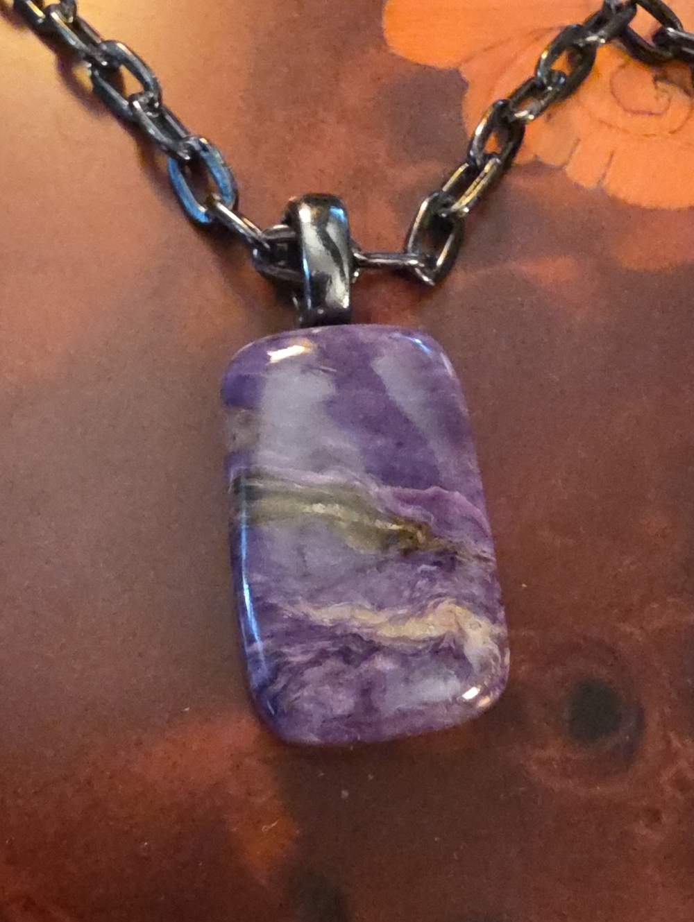 Handmade Charoite Pendant On 18" Black Chain